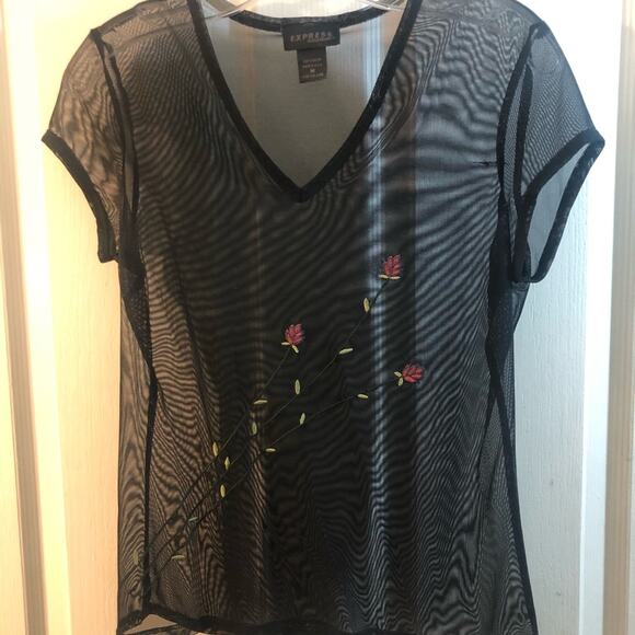 Vintage Express Sheer Floral black Embroidered Overlay Top M Y2K - Picture 1 of 9